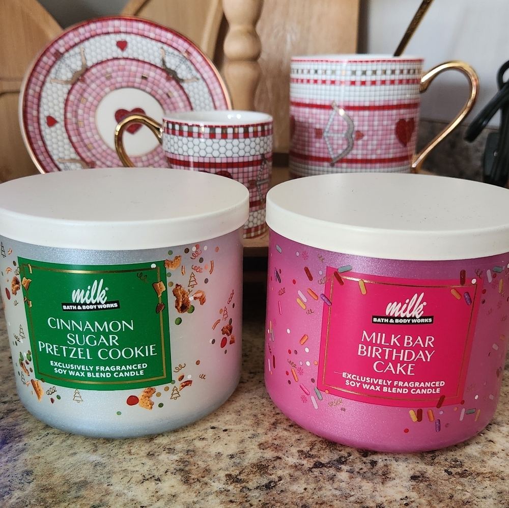 NIB Milk Bar "Cinnamon Sugar Pretzel Cookie" & "Birthday Cake" 3 Wick Candles